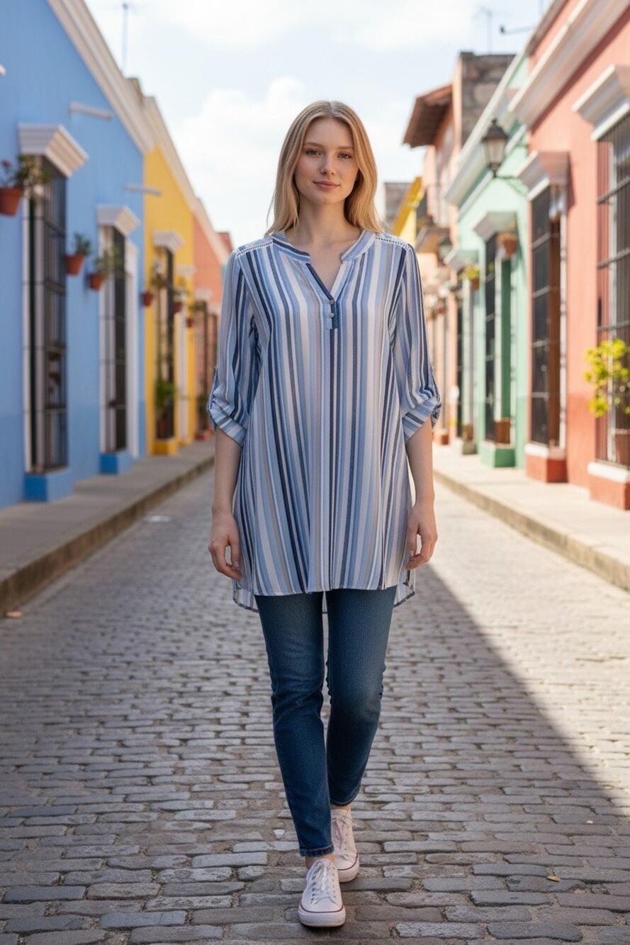 Cure sheer tunic blouse Blue Striped Cover Up Resort Wear Beachy Plus Size 1X